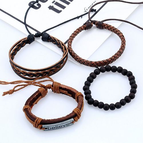 4PCS Leather Mens Multilayer Rope BELIEVE Bracelet