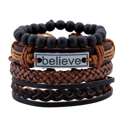 4PCS Leather Mens Multilayer Rope BELIEVE Bracelet