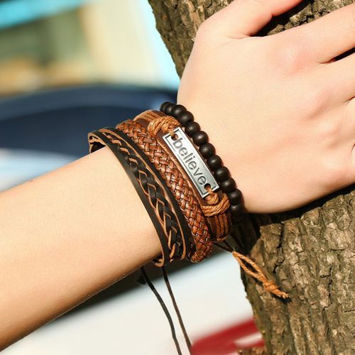 4PCS Leather Mens Multilayer Rope BELIEVE Bracelet