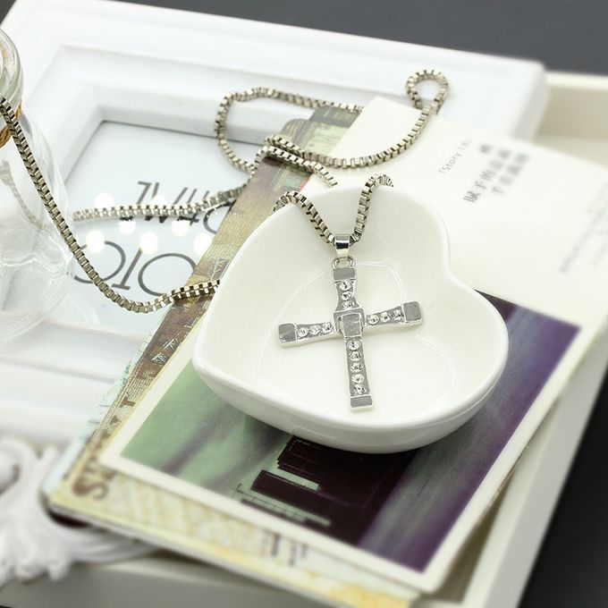 Speed And Passion Cross Pendant Chain Necklace - Silver