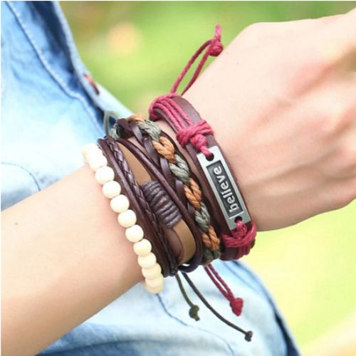 4PCS Leather Mens Bracelets BELIEVE Bracelet Braided