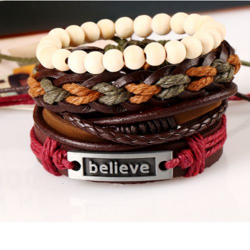 4PCS Leather Mens Bracelets BELIEVE Bracelet Braided