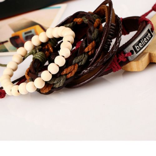 4PCS Leather Mens Bracelets BELIEVE Bracelet Braided