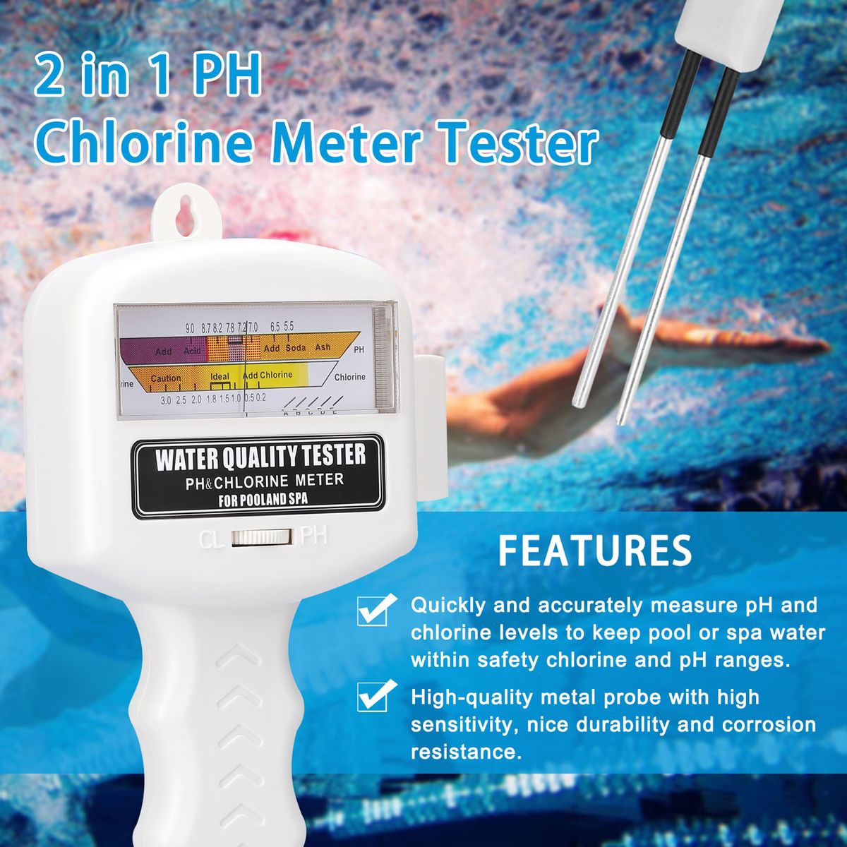 2 In 1 Water Quality Tester Portable PH Chlorine Level Meter