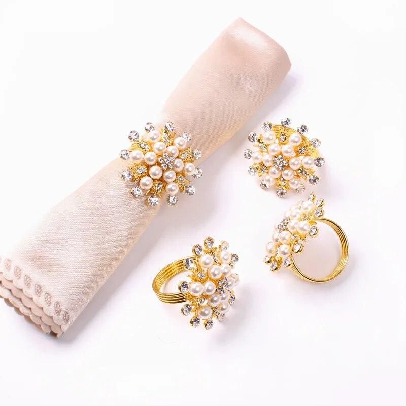 10pcs European luxury hotel mouth cloth ring pearl rhinestone flower type napkin ring tableware table accessories