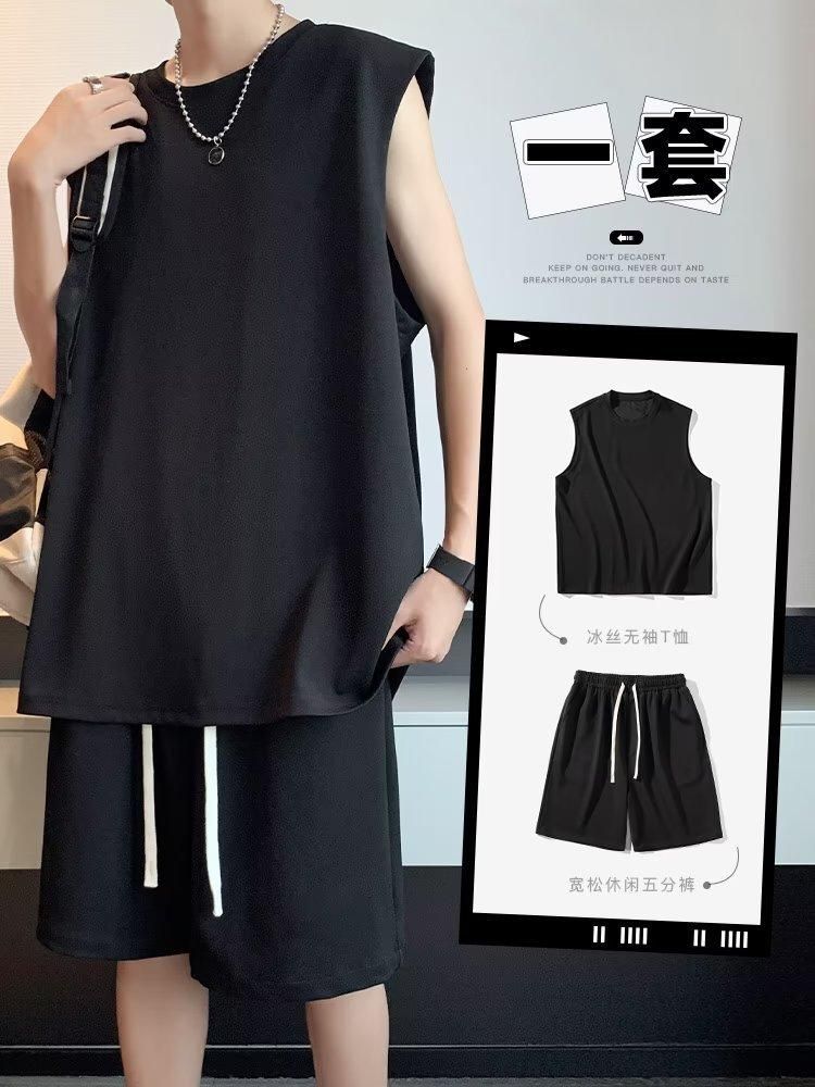 Men'S Sports Suit Sleeveless T-Shirt + Shorts Black