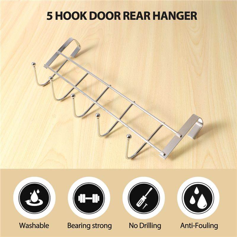 Over the Door 5 Hooks Home Bathroom Organizer Rack Clothes Coat Hat Towel Hanger Stainless Steel Good Load-
