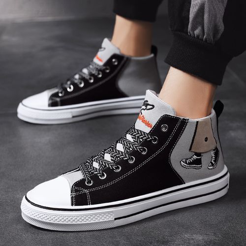 Men's Fashion High-top Sneakers Canvas Shoes EUR Size 35-44 Nopersonality Graffiti Student Shoes Unisex Simple Printing Walking Shoes Couple All-match Sunshine Wear-Resistant Trekking Footwear Black