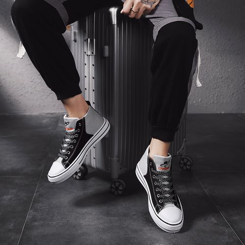 Men's Fashion High-top Sneakers Canvas Shoes EUR Size 35-44 Nopersonality Graffiti Student Shoes Unisex Simple Printing Walking Shoes Couple All-match Sunshine Wear-Resistant Trekking Footwear Black