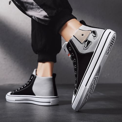 Men's Fashion High-top Sneakers Canvas Shoes EUR Size 35-44 Nopersonality Graffiti Student Shoes Unisex Simple Printing Walking Shoes Couple All-match Sunshine Wear-Resistant Trekking Footwear Black