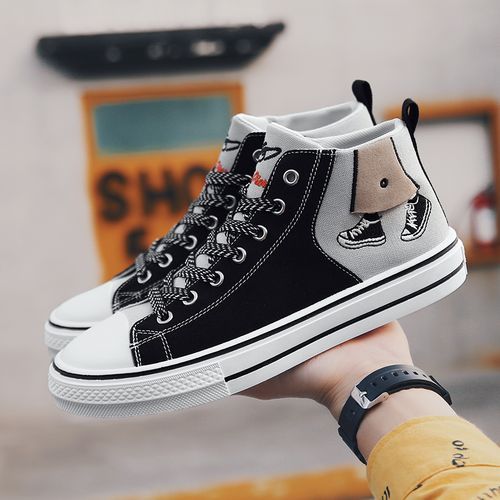 Men's Fashion High-top Sneakers Canvas Shoes EUR Size 35-44 Nopersonality Graffiti Student Shoes Unisex Simple Printing Walking Shoes Couple All-match Sunshine Wear-Resistant Trekking Footwear Black