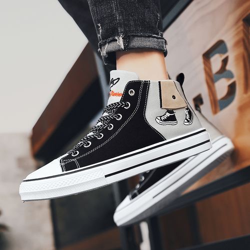 Men's Fashion High-top Sneakers Canvas Shoes EUR Size 35-44 Nopersonality Graffiti Student Shoes Unisex Simple Printing Walking Shoes Couple All-match Sunshine Wear-Resistant Trekking Footwear Black