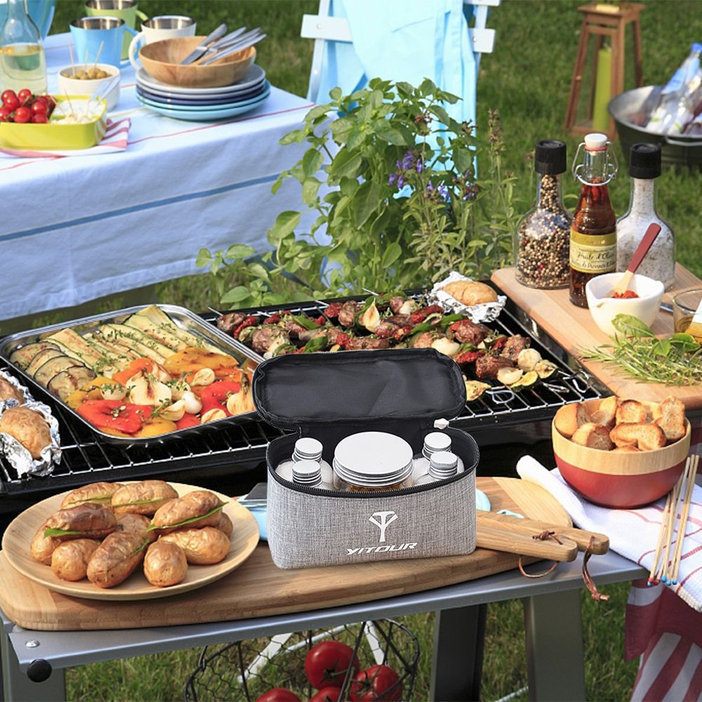 Camping Cookware Storage Bag And 6pcs Seasoning Cans Bottles