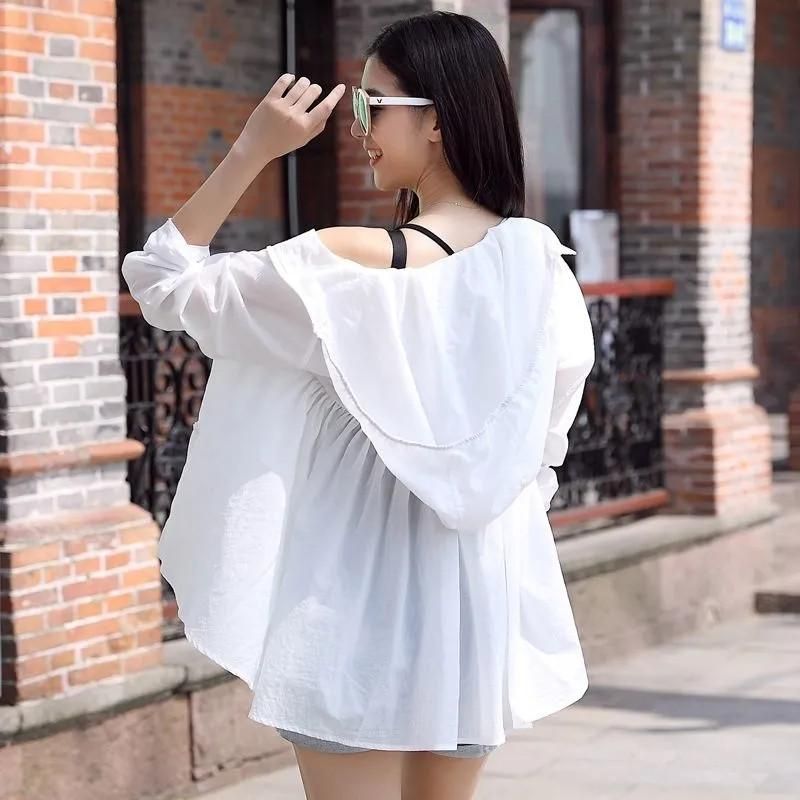 Forward Short Back Long Sun Protection Clothing Ladies Short Summer Fashion Hooded Breathable Long Sleeves Air Conditioner Shirt