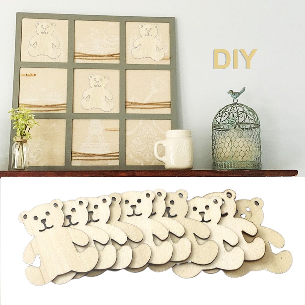 10Pcs Bear Pattern DIY Wood Craft Home Decoration Natural