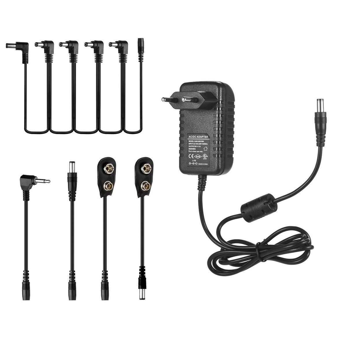 Caline CP-07A Guitar Effects Power Supply Adapter DC 9V 1A with 5-Way Daisy Chain Cable Reversed Polarity Cables Battery Clip Cables
