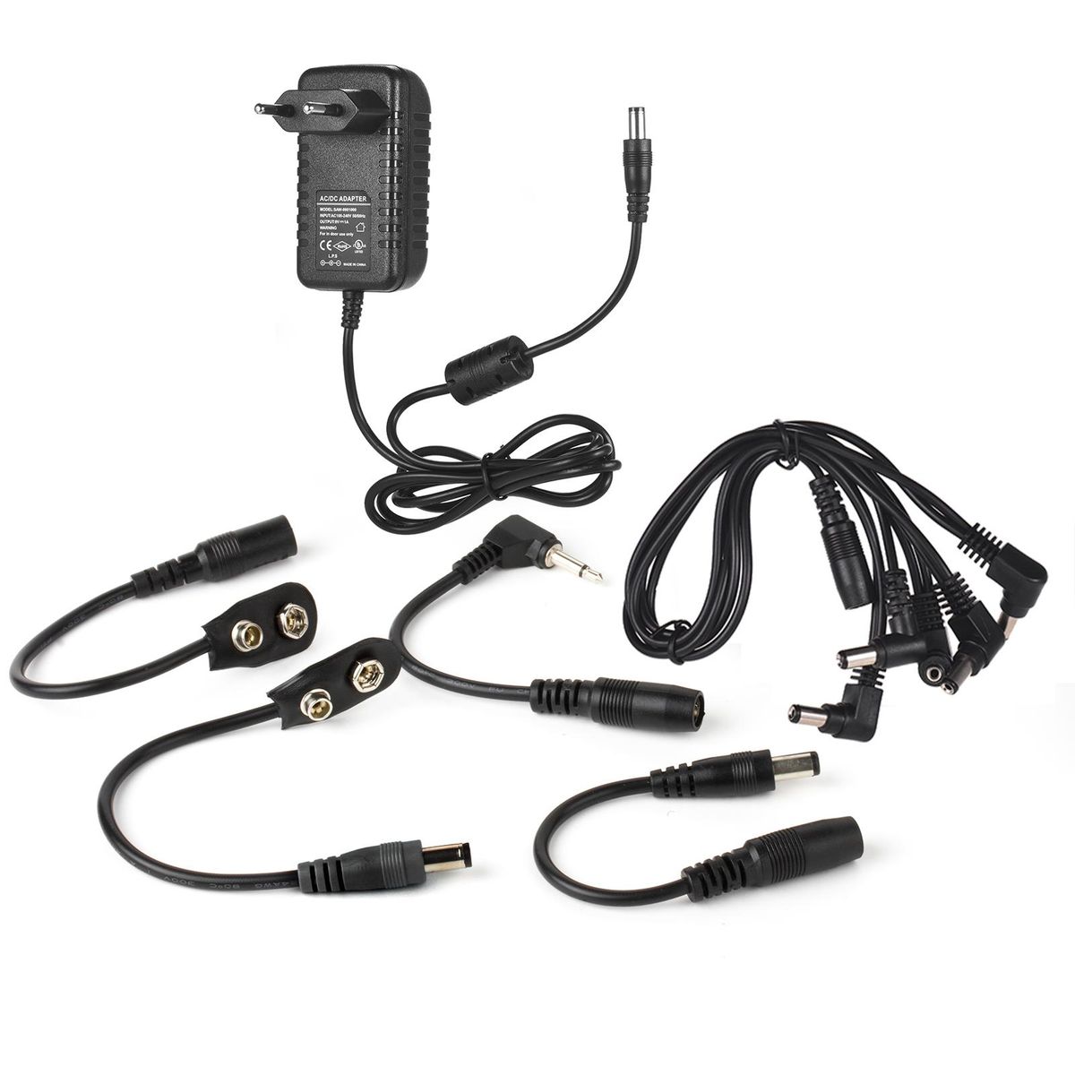 Caline CP-07A Guitar Effects Power Supply Adapter DC 9V 1A with 5-Way Daisy Chain Cable Reversed Polarity Cables Battery Clip Cables