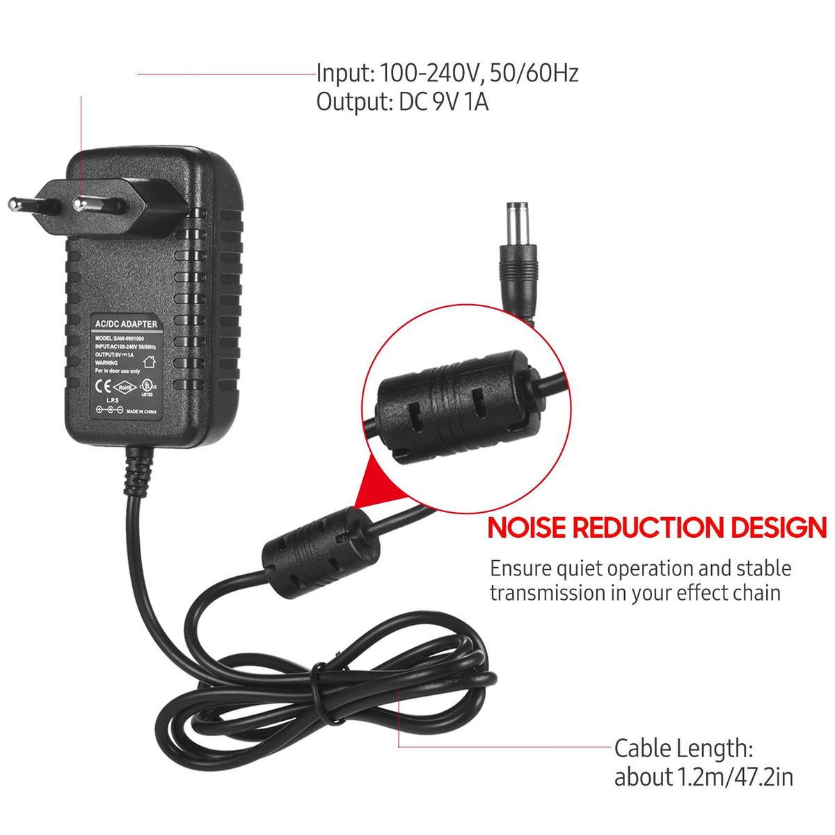 Caline CP-07A Guitar Effects Power Supply Adapter DC 9V 1A with 5-Way Daisy Chain Cable Reversed Polarity Cables Battery Clip Cables