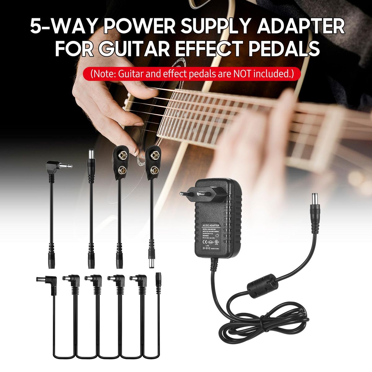 Caline CP-07A Guitar Effects Power Supply Adapter DC 9V 1A with 5-Way Daisy Chain Cable Reversed Polarity Cables Battery Clip Cables