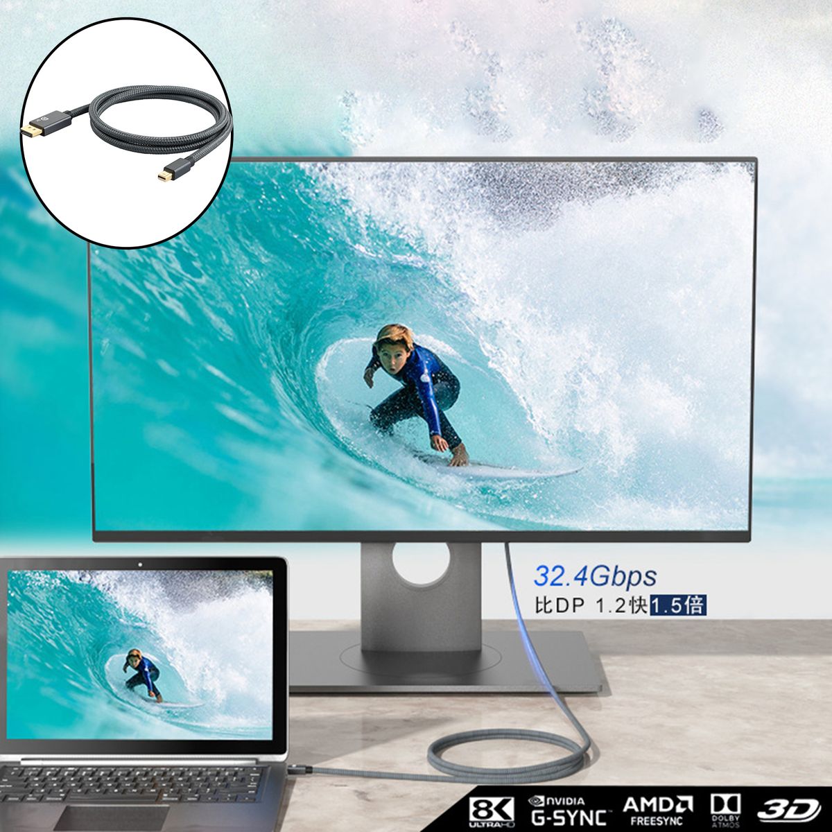 Mini DisplayPort To DisplayPort Cable Minidp To DP 4K Resolution