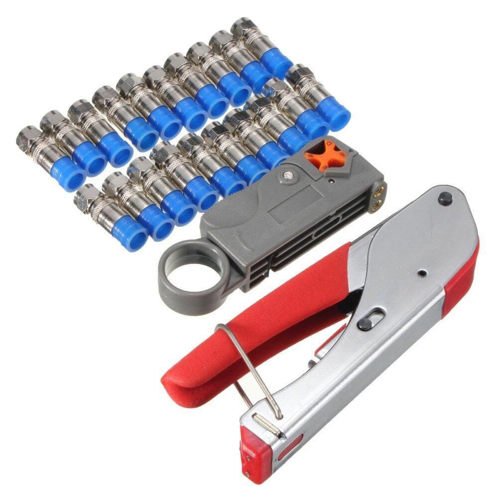 Crimping Tool Kit Set Squeeze Wire Clamp Pliers + Cable Strippers + 20 X F Heads