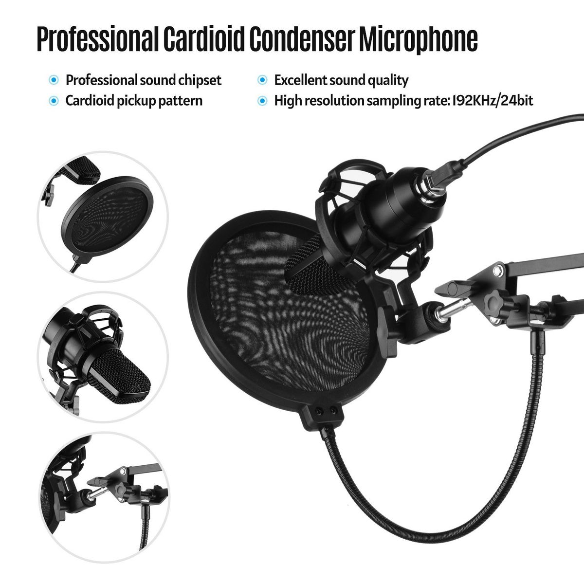 USB Professional PC Microphone Set Cardioid 192KHz/24Bit