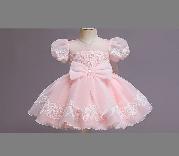 Freya Baby Girl Lush Christening Baptism Puff Gown - Peach/Pink