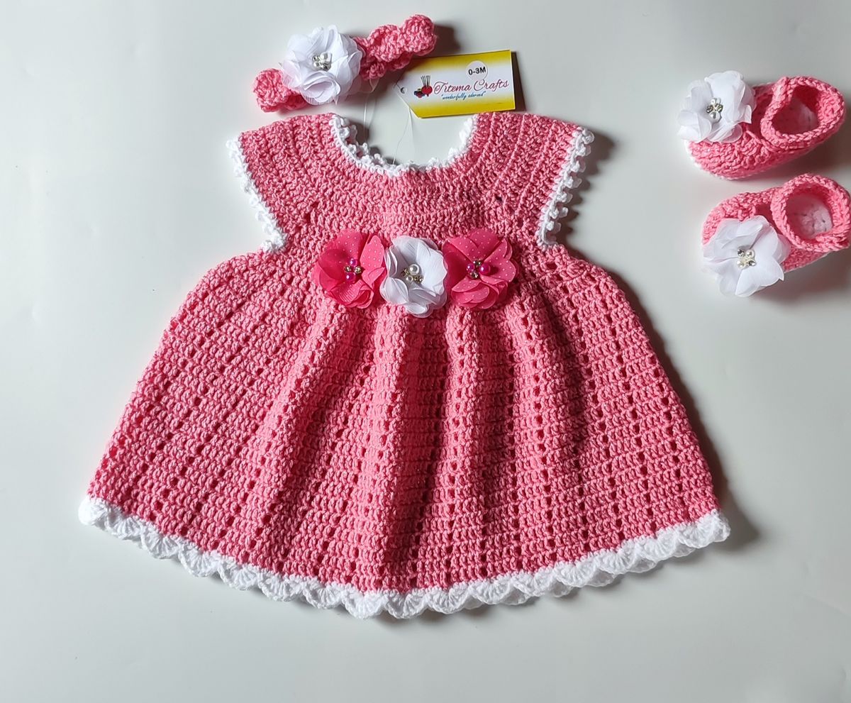 Crochet Newborn Baby Gown Dress With Glitters - Light Pink