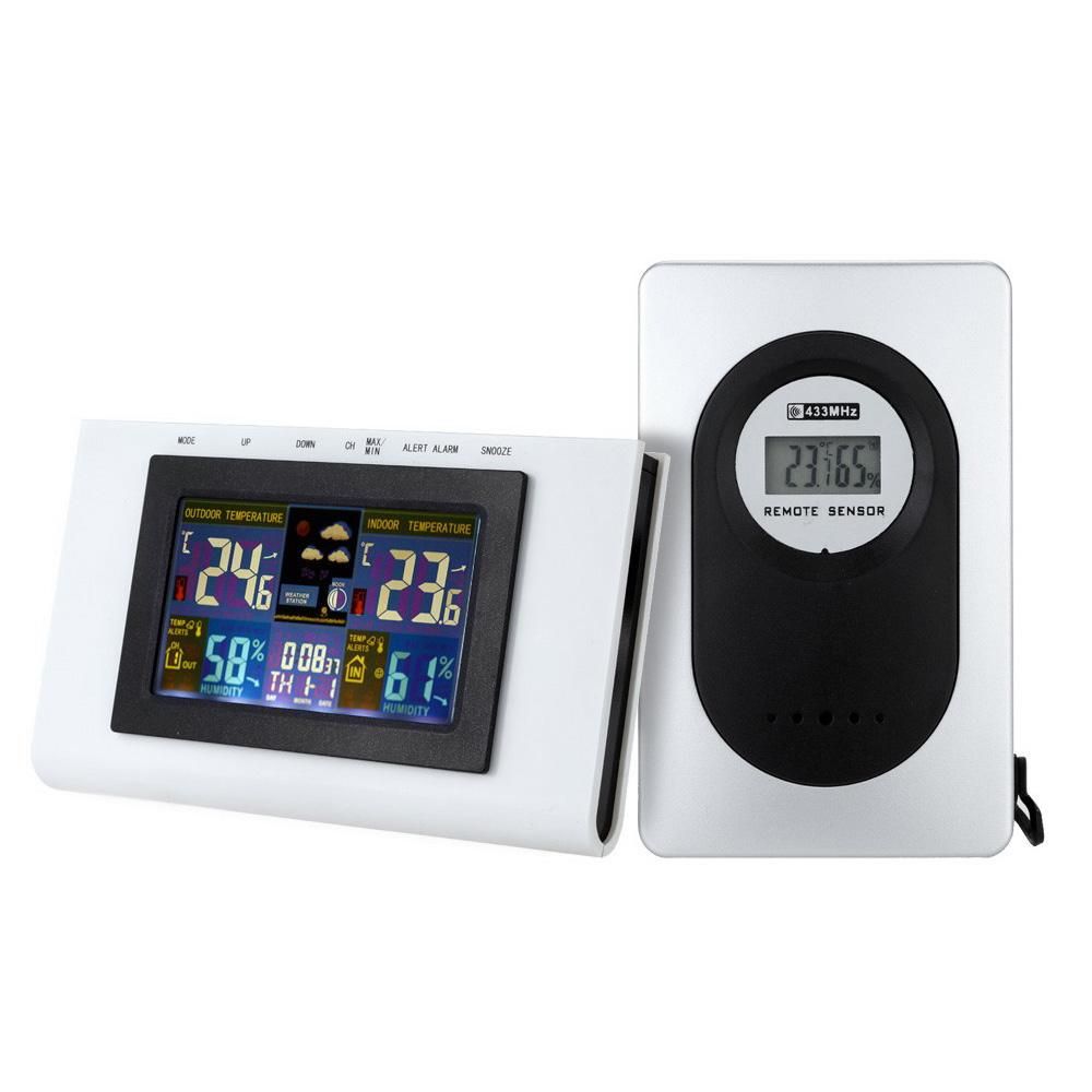 Multifunctional Outdoor/Indoor Colorful LCD Digital Temperature Humidity Meter With Alarm Clock Wireless Thermometer Hygrometer Calendar Temperature Trend Alarm Comfort Level Weather Forecast Backlight