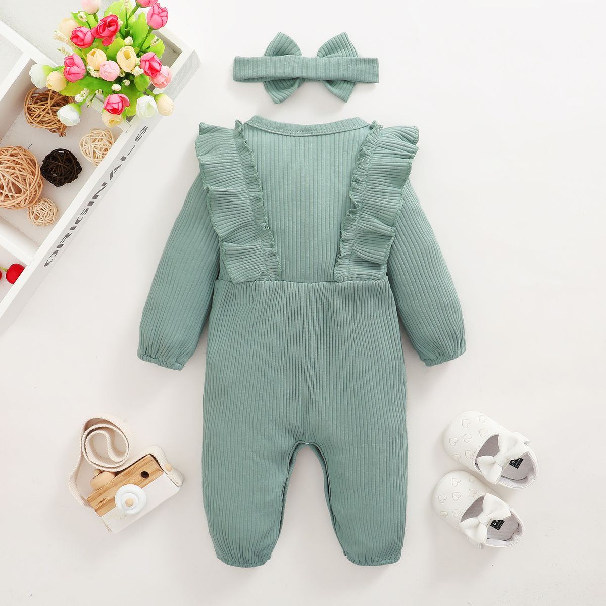 Baby Girls Sold Color Ribbed Long Sleeve Jumpsuit -Green