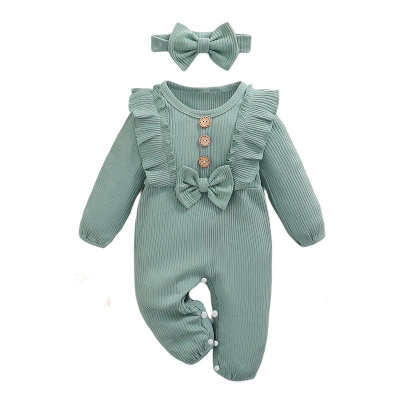 Baby Girls Sold Color Ribbed Long Sleeve Jumpsuit -Green