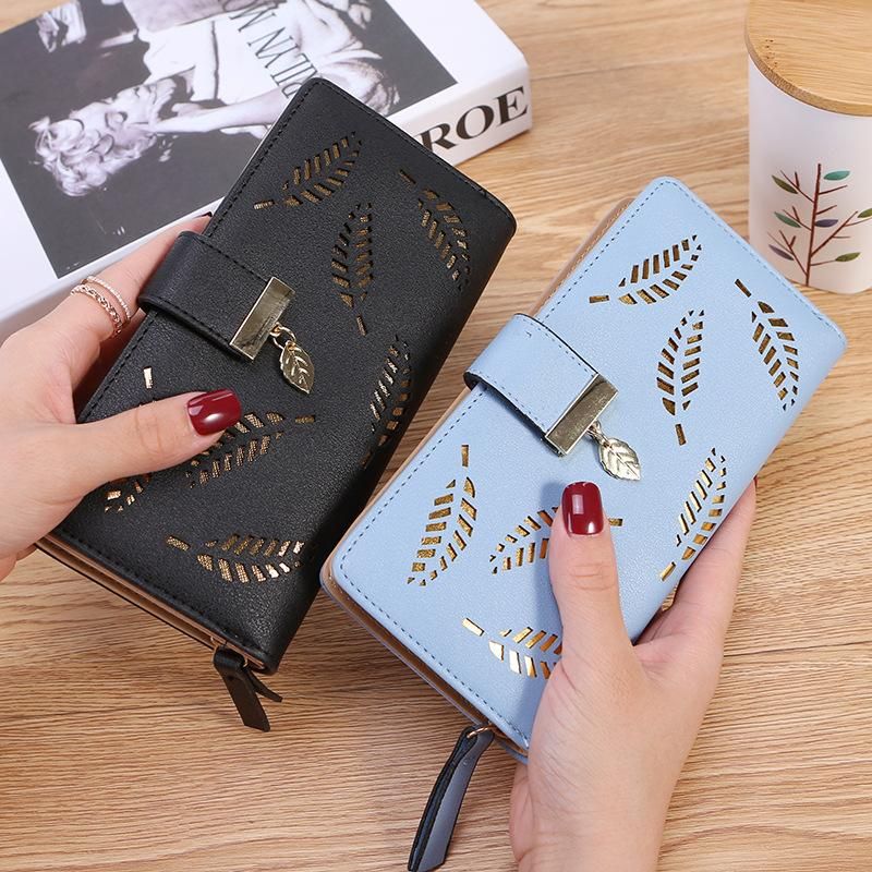 2020 new Korean version of hollow tree leaves ladies long wallet summer wallet clutch bag mobile phone bag card bag women 067 Sky Blue