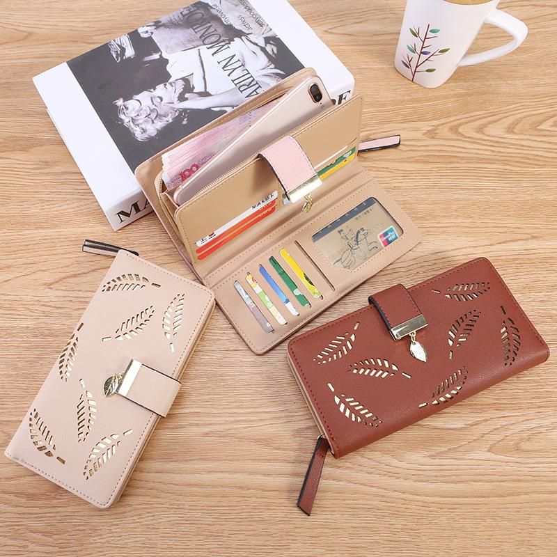 2020 new Korean version of hollow tree leaves ladies long wallet summer wallet clutch bag mobile phone bag card bag women 067 Sky Blue