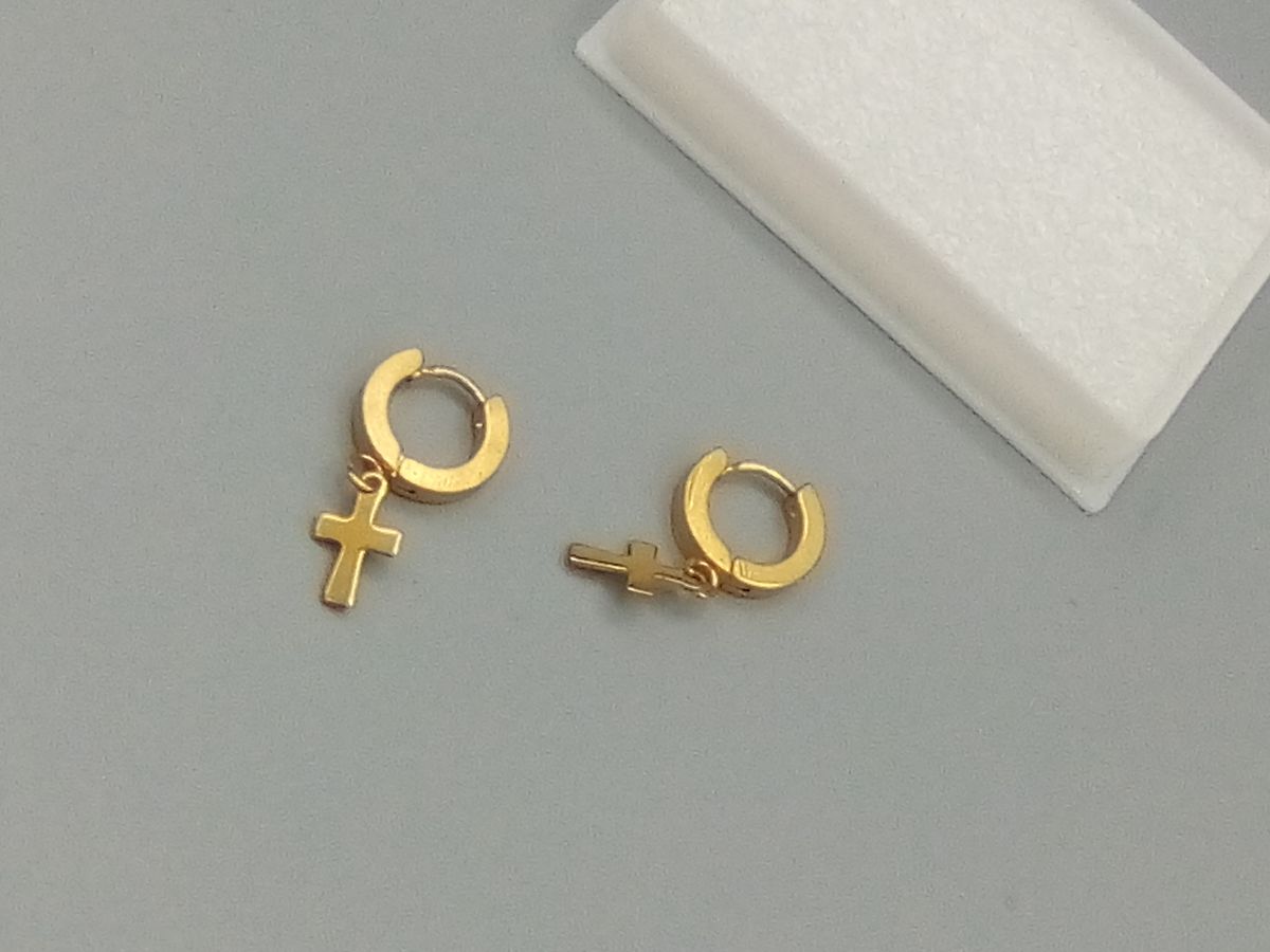 Men Stainless Steel Gold Dangle Cross Ear Stud Hoop