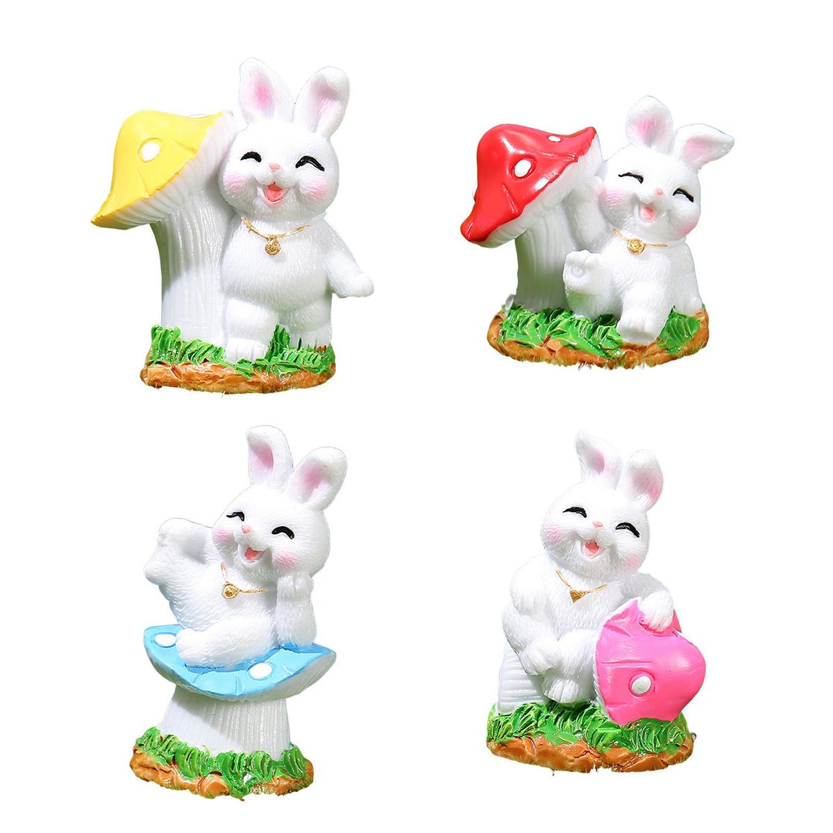 4Pcs Miniature Rabbit Statue Cute Bunny Mushroom Craft Flower Pot Ornament Decoration White