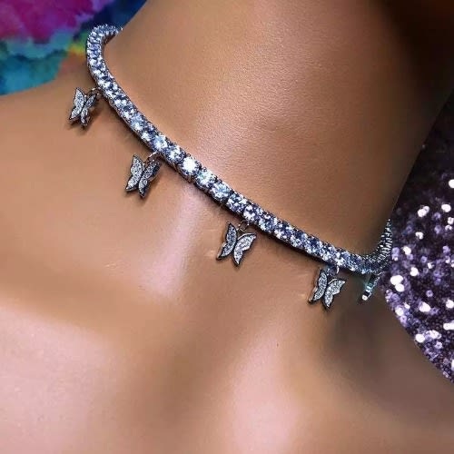 Rhinestone Iced Out Tennis Butterfly Choker- Silver