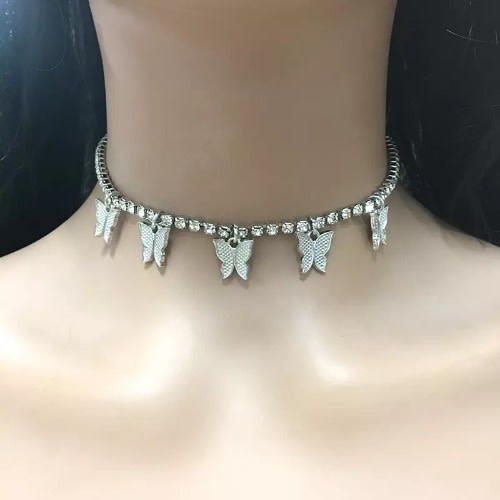 Rhinestone Iced Out Tennis Butterfly Choker- Silver
