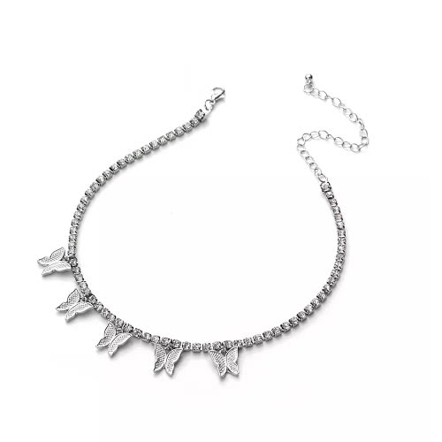 Rhinestone Iced Out Tennis Butterfly Choker- Silver