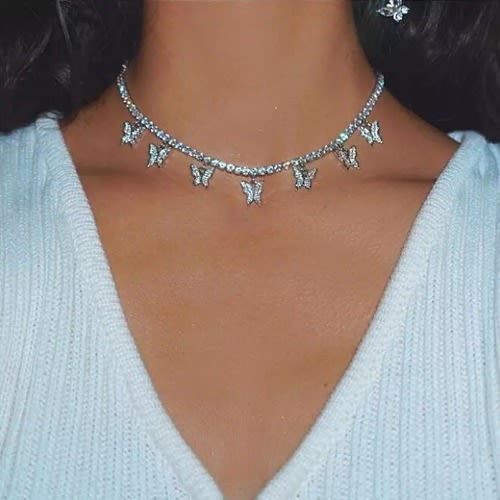Rhinestone Iced Out Tennis Butterfly Choker- Silver