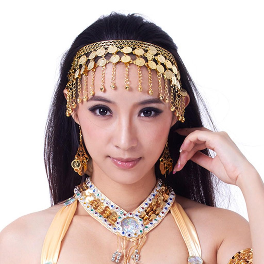 Women Belly Dance Dancing Coins Tassels Gypsy Headband Head Band Gold