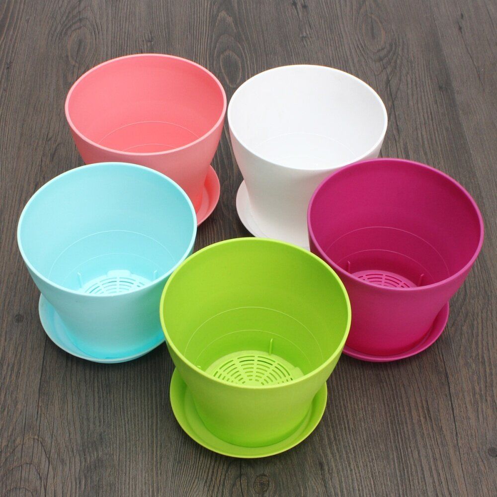 Decorative Flower Pots Gloss Plastic Plant Pots Planter Saucer Tray Blue