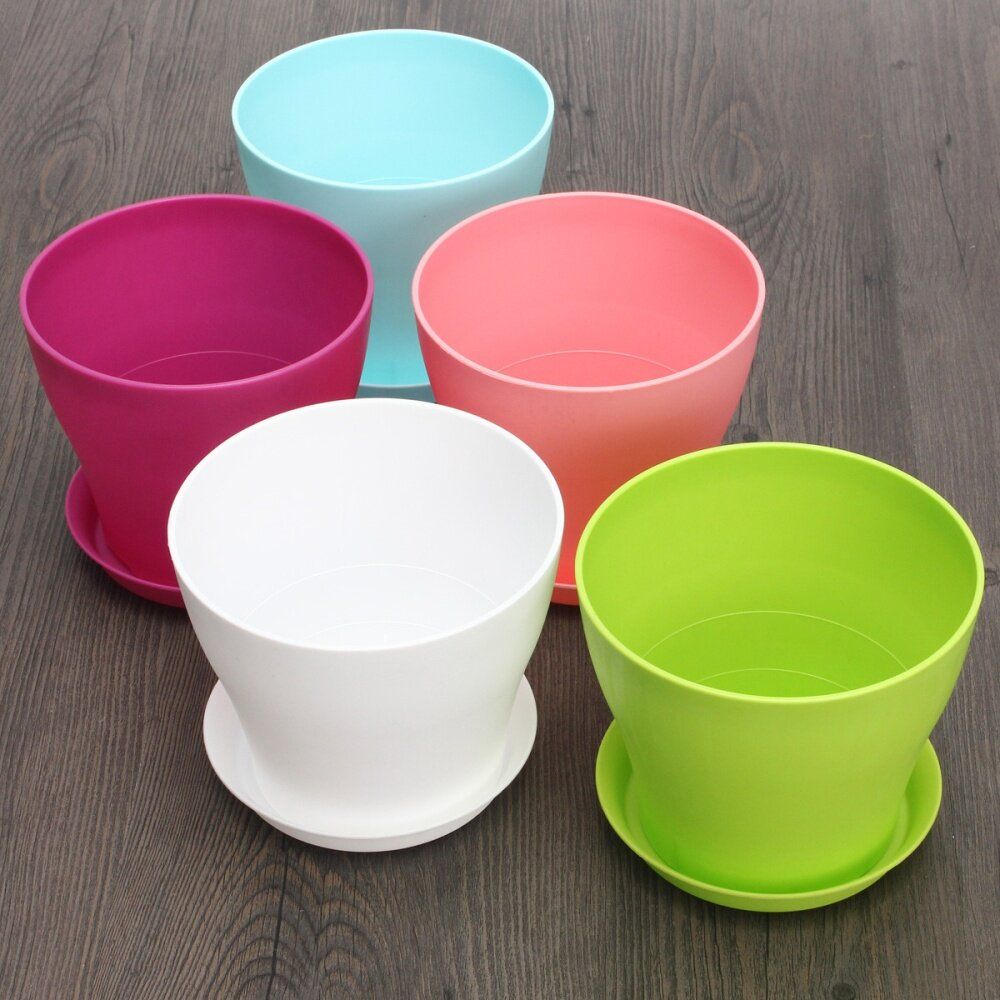 Decorative Flower Pots Gloss Plastic Plant Pots Planter Saucer Tray Blue