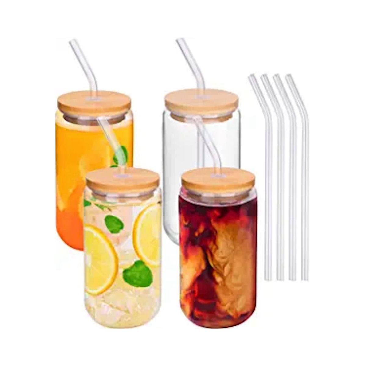 Glass Cups with Lids and Straws - 16Oz Drinking Glasses 4Pcs Set -Glass Coffee Cups with Lids and Straw-Cute Coffee Cups
