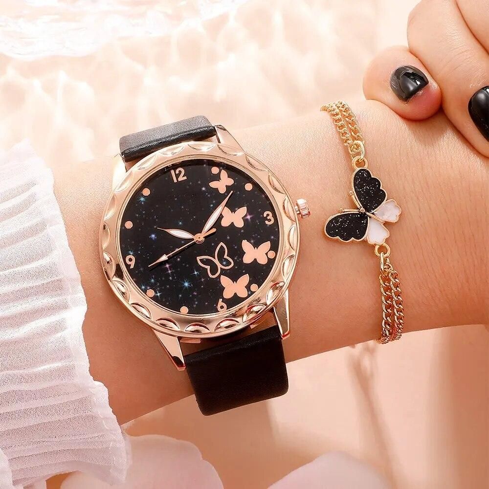2pcs Set Watch Women Fashion Starry Sky Butterfly Quartz Wristwatches Leather Belt Ladies Watches Reloj Mujer