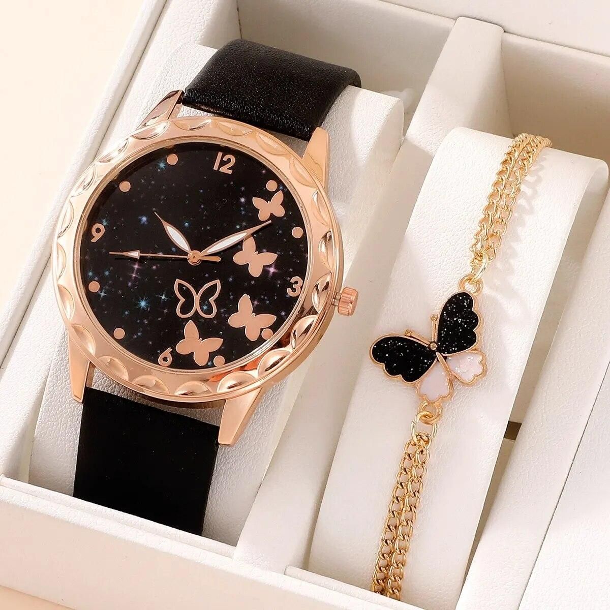 2pcs Set Watch Women Fashion Starry Sky Butterfly Quartz Wristwatches Leather Belt Ladies Watches Reloj Mujer