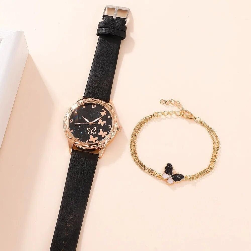 2pcs Set Watch Women Fashion Starry Sky Butterfly Quartz Wristwatches Leather Belt Ladies Watches Reloj Mujer