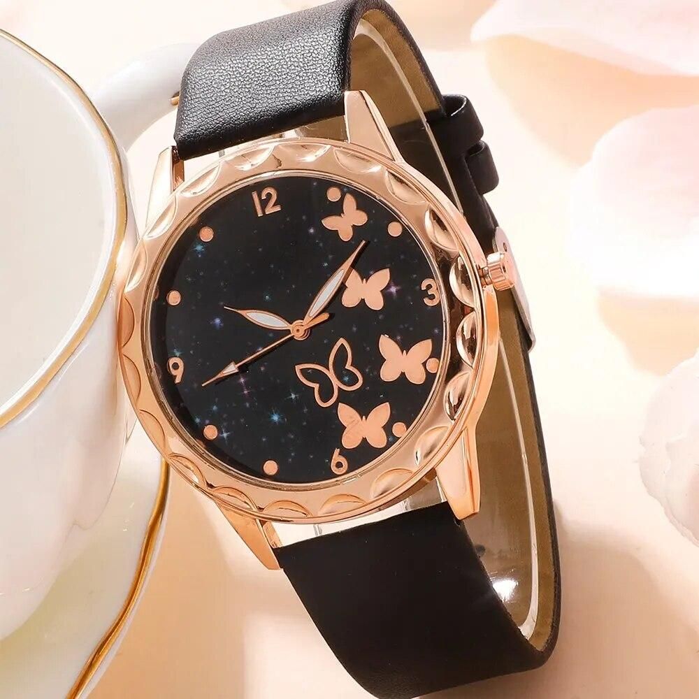 2pcs Set Watch Women Fashion Starry Sky Butterfly Quartz Wristwatches Leather Belt Ladies Watches Reloj Mujer
