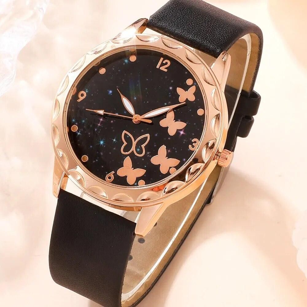 2pcs Set Watch Women Fashion Starry Sky Butterfly Quartz Wristwatches Leather Belt Ladies Watches Reloj Mujer