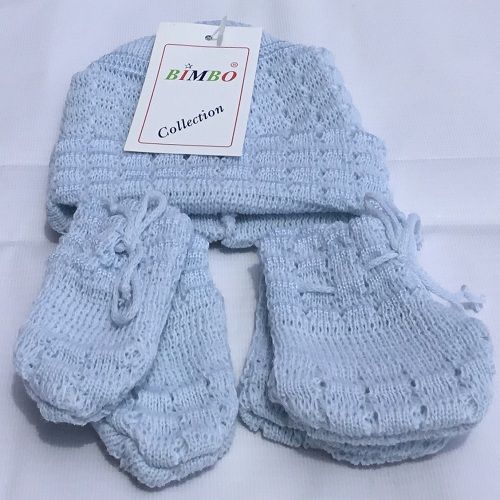 Ribbed Beanie Wool Hat/Mitten/Socks - Blue