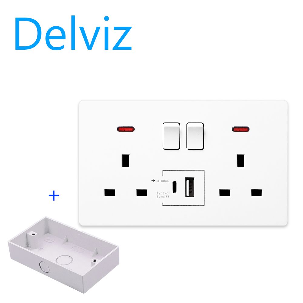 UK Wall Mounted 13A Outlet. 1A1C 5V3100mA  Charging Socket.